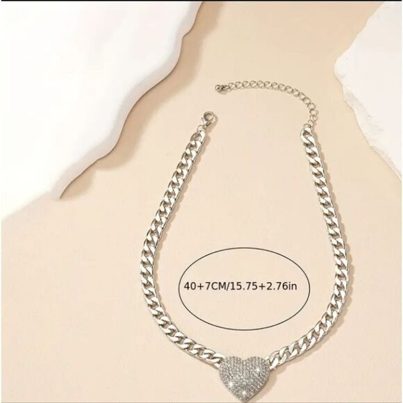 NEW SILVER RHINESTONE HEART CUBAN CHAIN LINK LAYER CHOKER NECKLACE - Picture 4 of 4